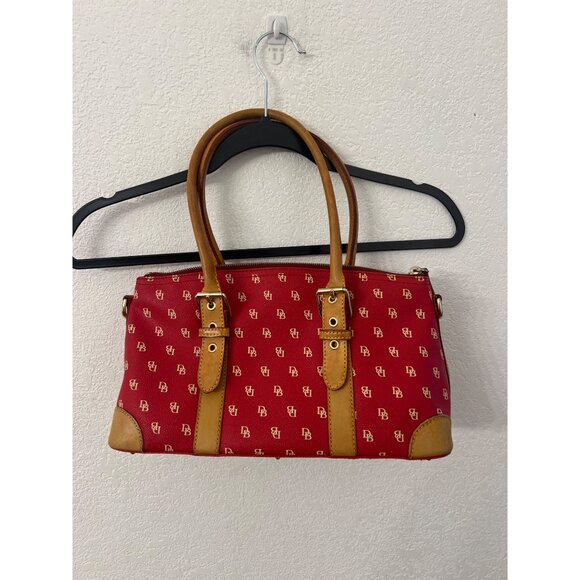 Dooney & Bourke Red Monogrammed Satchel Handbag With Tan Leather Trim & Handles - Picture 2 of 7